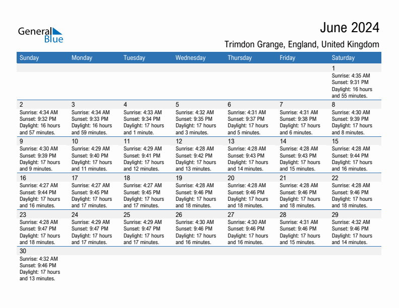 Trimdon Grange June 2024 sunrise and sunset calendar in PDF, Excel, and Word