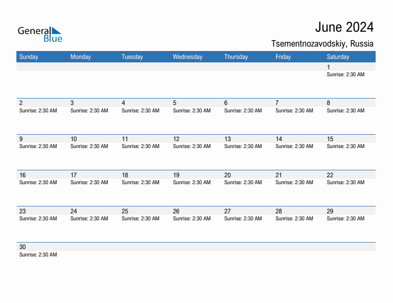 Tsementnozavodskiy June 2024 sunrise and sunset calendar in PDF, Excel, and Word