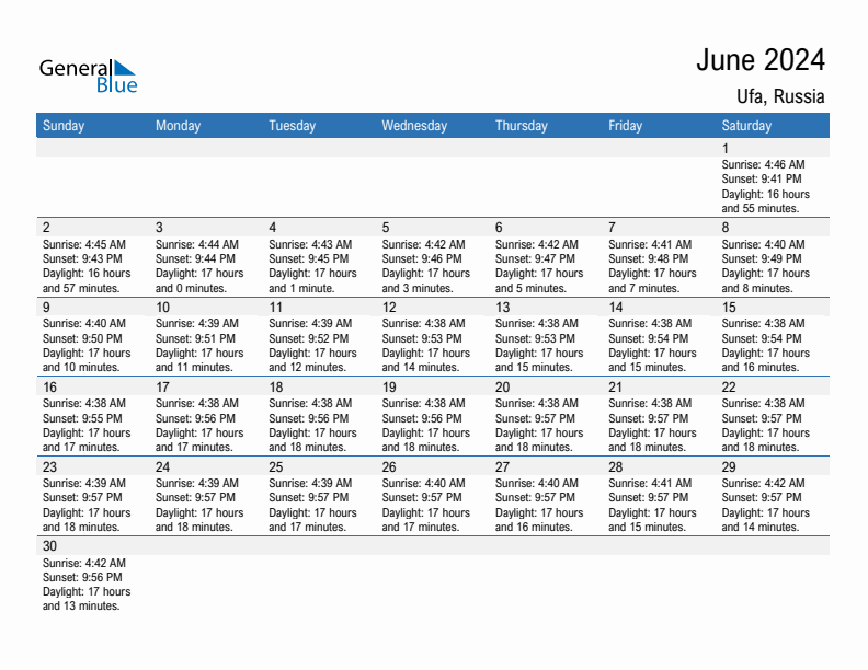 Ufa June 2024 sunrise and sunset calendar in PDF, Excel, and Word