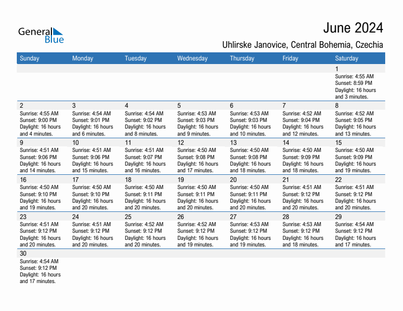 Uhlirske Janovice June 2024 sunrise and sunset calendar in PDF, Excel, and Word