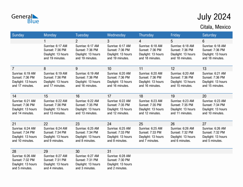Citala July 2024 sunrise and sunset calendar in PDF, Excel, and Word