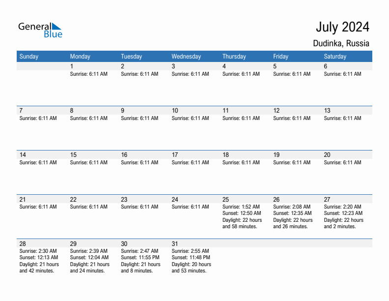 Dudinka July 2024 sunrise and sunset calendar in PDF, Excel, and Word
