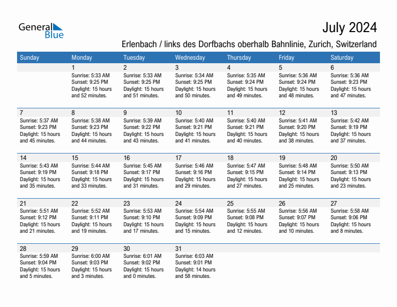 Erlenbach / links des Dorfbachs oberhalb Bahnlinie July 2024 sunrise and sunset calendar in PDF, Excel, and Word