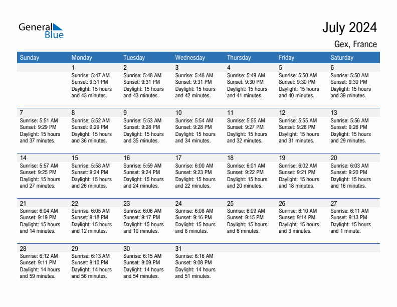 Gex July 2024 sunrise and sunset calendar in PDF, Excel, and Word