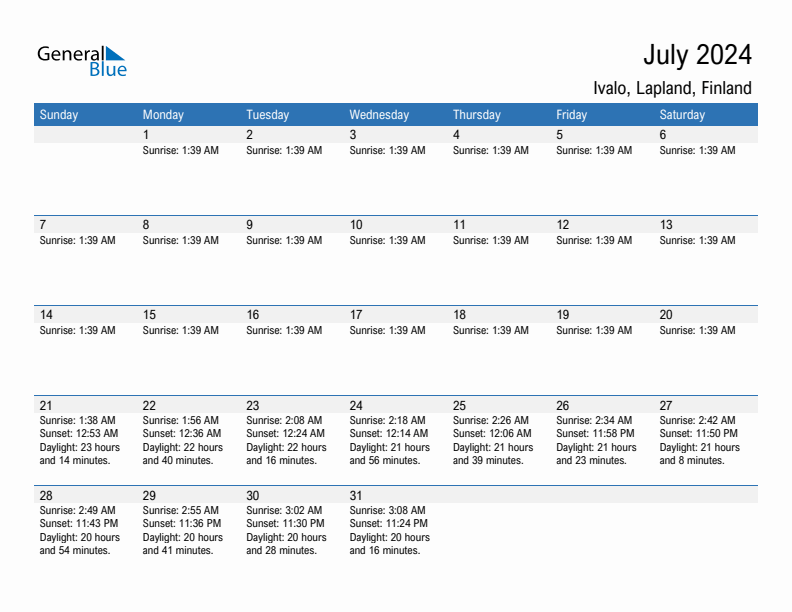 Ivalo July 2024 sunrise and sunset calendar in PDF, Excel, and Word