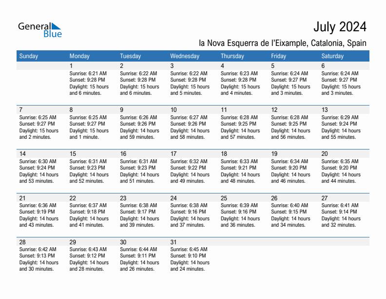 la Nova Esquerra de l'Eixample July 2024 sunrise and sunset calendar in PDF, Excel, and Word