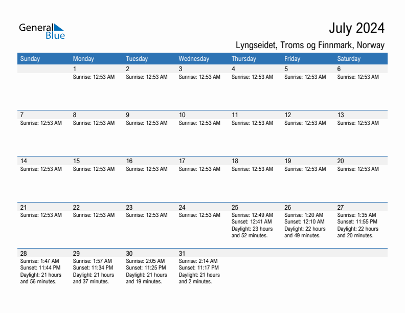 Lyngseidet July 2024 sunrise and sunset calendar in PDF, Excel, and Word