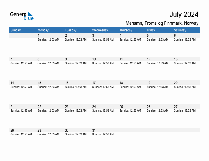 Mehamn July 2024 sunrise and sunset calendar in PDF, Excel, and Word