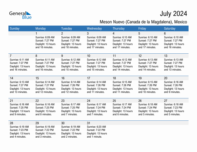 Meson Nuevo (Canada de la Magdalena) July 2024 sunrise and sunset calendar in PDF, Excel, and Word