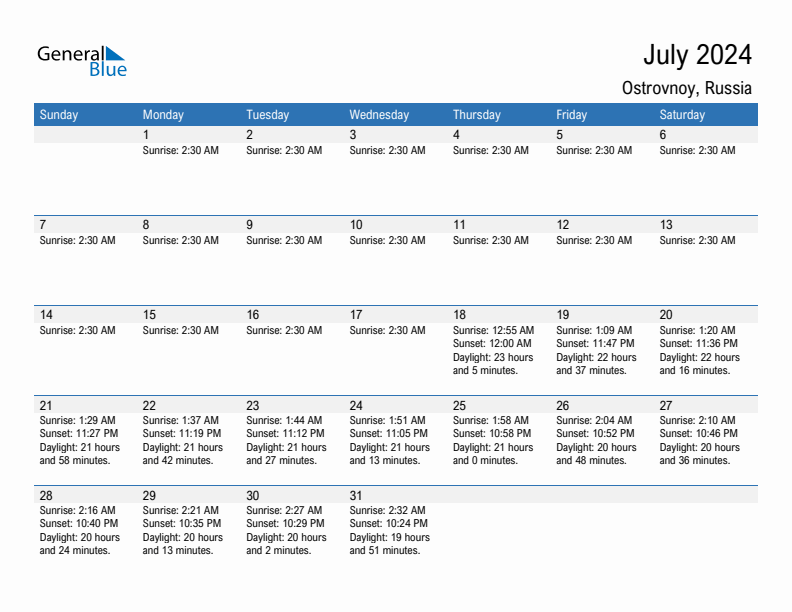 Ostrovnoy July 2024 sunrise and sunset calendar in PDF, Excel, and Word