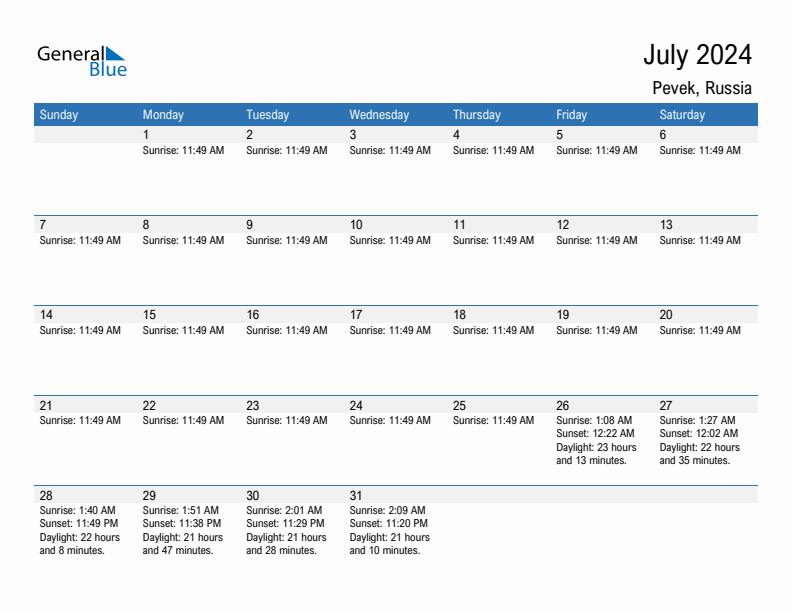 Pevek July 2024 sunrise and sunset calendar in PDF, Excel, and Word