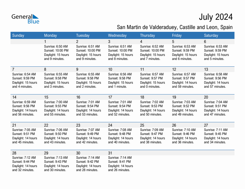 San Martin de Valderaduey July 2024 sunrise and sunset calendar in PDF, Excel, and Word