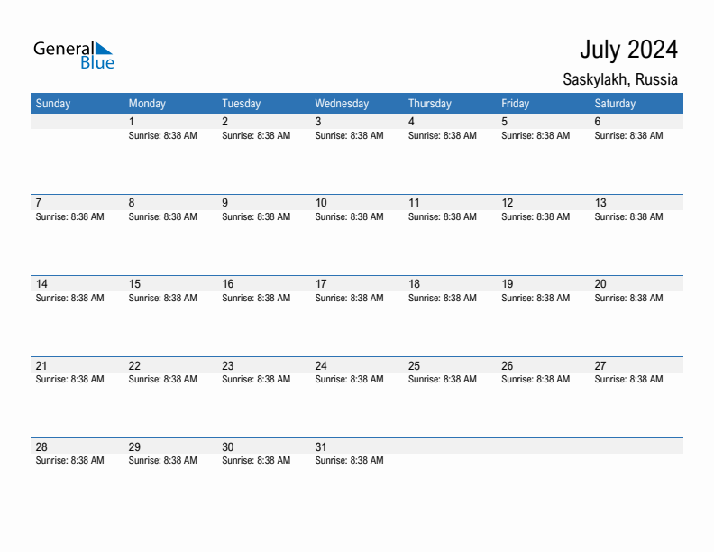 Saskylakh July 2024 sunrise and sunset calendar in PDF, Excel, and Word