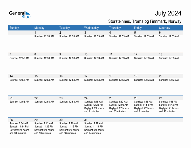 Storsteinnes July 2024 sunrise and sunset calendar in PDF, Excel, and Word