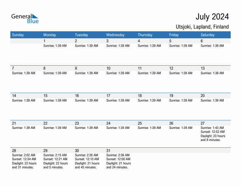 Utsjoki July 2024 sunrise and sunset calendar in PDF, Excel, and Word