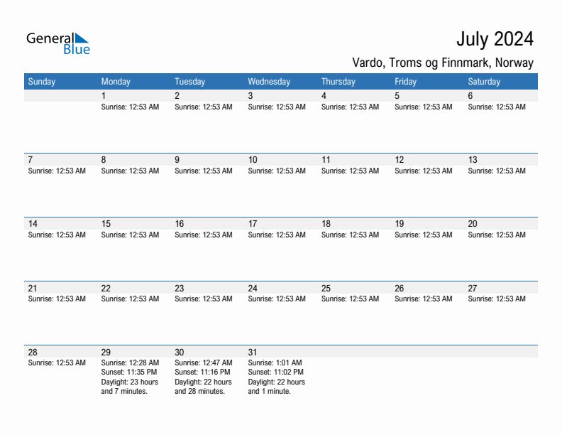 Vardo July 2024 sunrise and sunset calendar in PDF, Excel, and Word