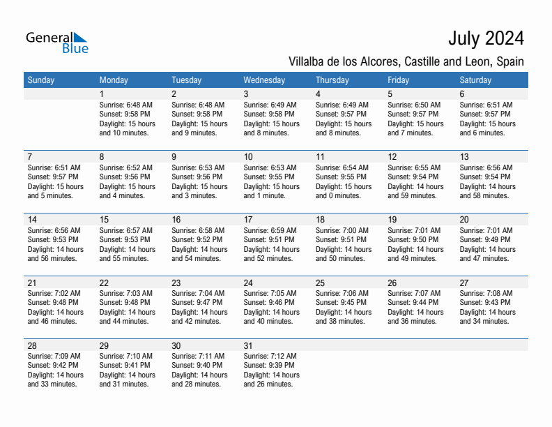 Villalba de los Alcores July 2024 sunrise and sunset calendar in PDF, Excel, and Word