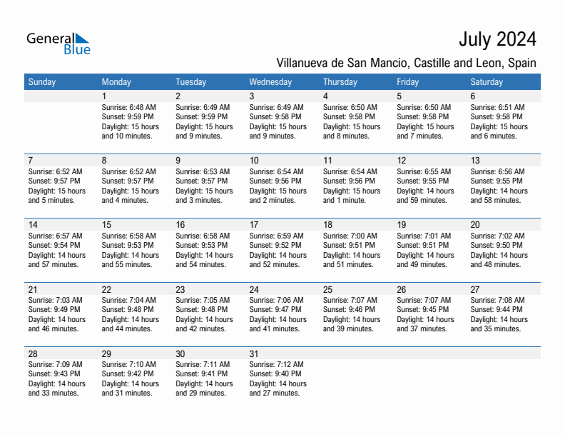 Villanueva de San Mancio July 2024 sunrise and sunset calendar in PDF, Excel, and Word