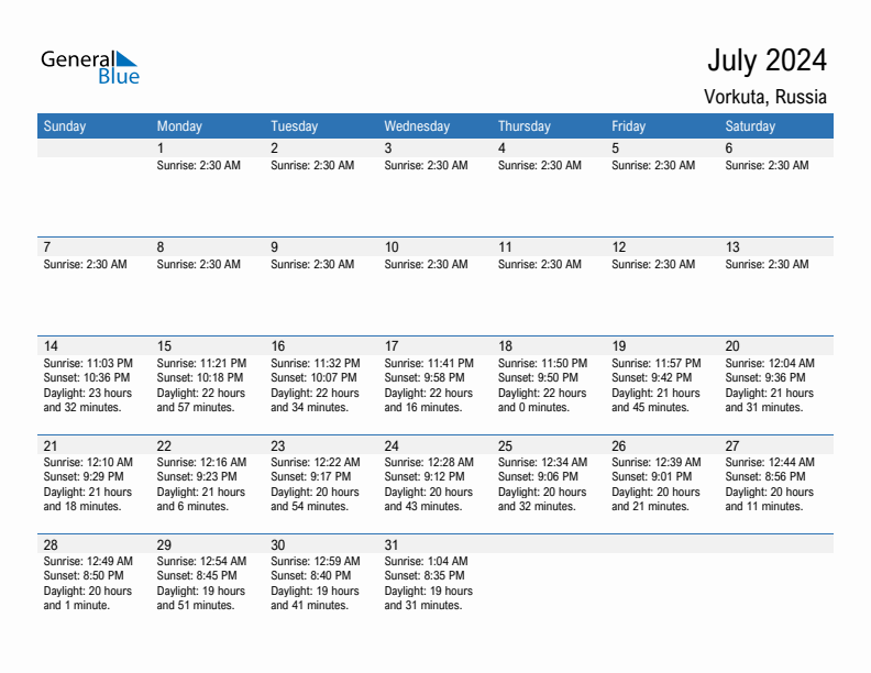 Vorkuta July 2024 sunrise and sunset calendar in PDF, Excel, and Word