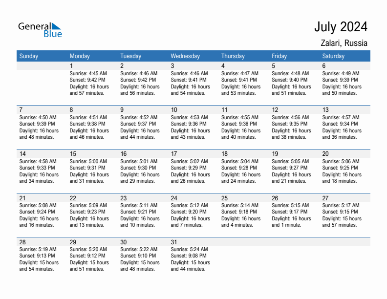Zalari July 2024 sunrise and sunset calendar in PDF, Excel, and Word