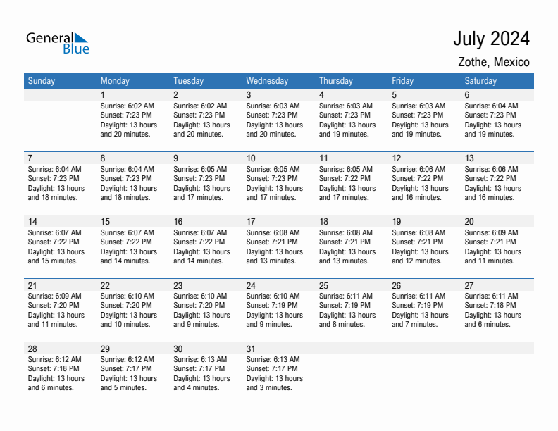 Zothe July 2024 sunrise and sunset calendar in PDF, Excel, and Word