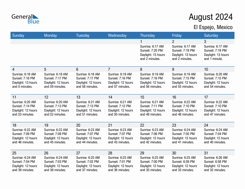 El Espejo August 2024 sunrise and sunset calendar in PDF, Excel, and Word