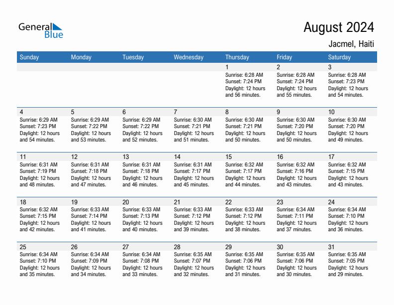 Jacmel August 2024 sunrise and sunset calendar in PDF, Excel, and Word