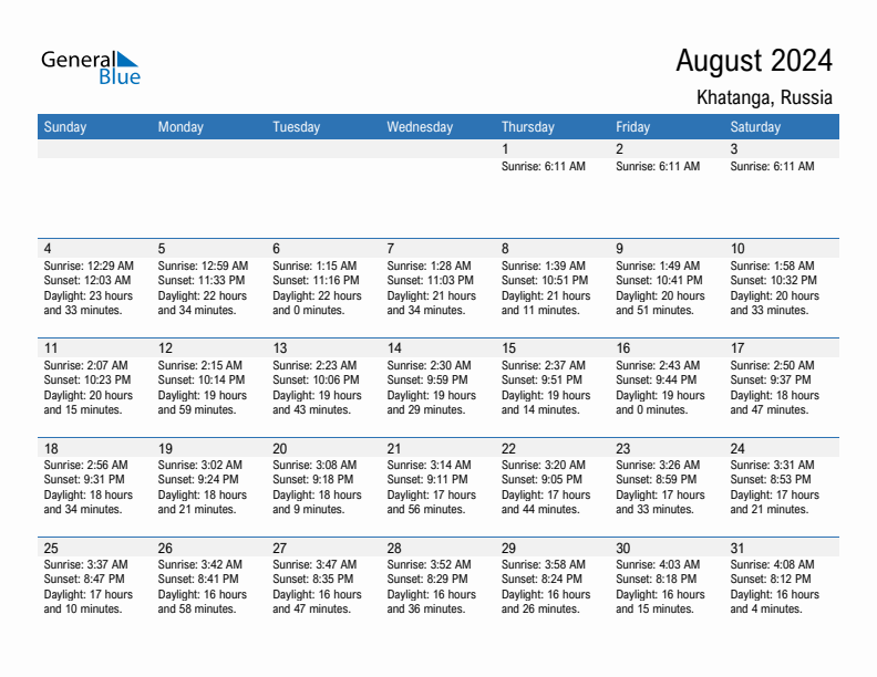 Khatanga August 2024 sunrise and sunset calendar in PDF, Excel, and Word