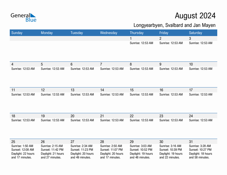 Longyearbyen August 2024 sunrise and sunset calendar in PDF, Excel, and Word