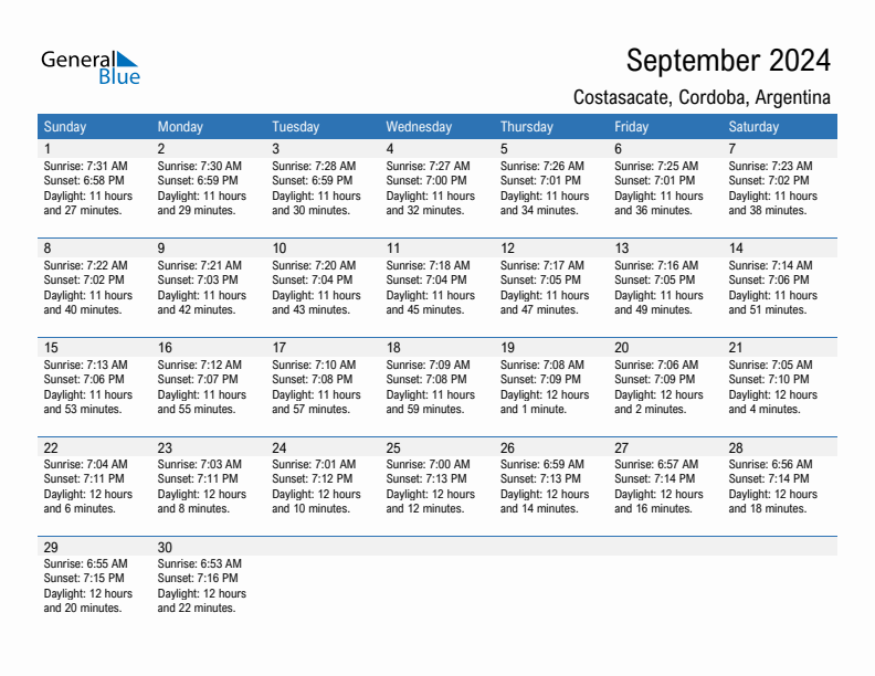 Costasacate September 2024 sunrise and sunset calendar in PDF, Excel, and Word