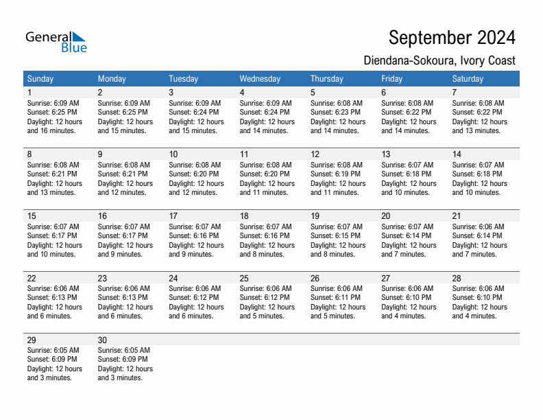 Diendana-Sokoura September 2024 sunrise and sunset calendar in PDF, Excel, and Word