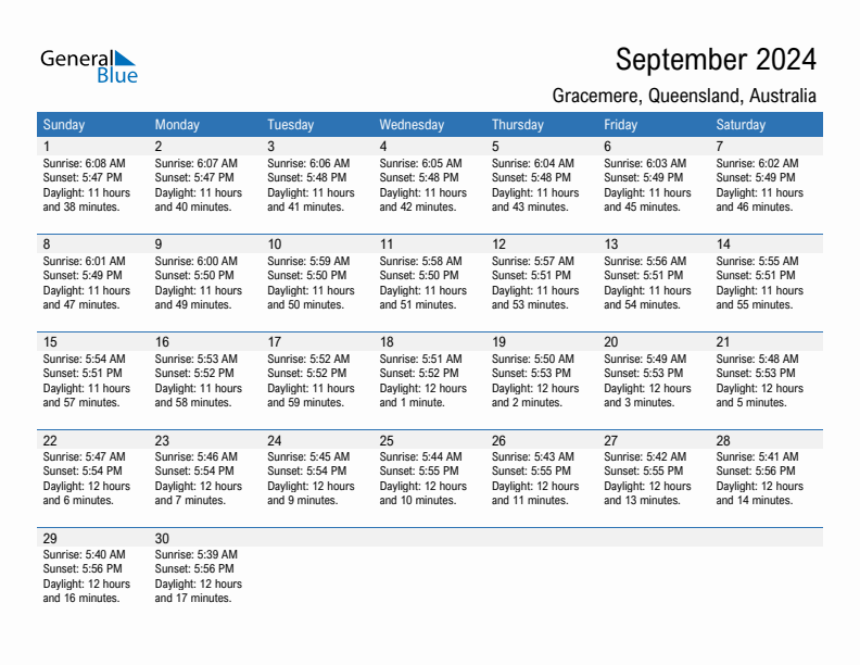 Gracemere September 2024 sunrise and sunset calendar in PDF, Excel, and Word