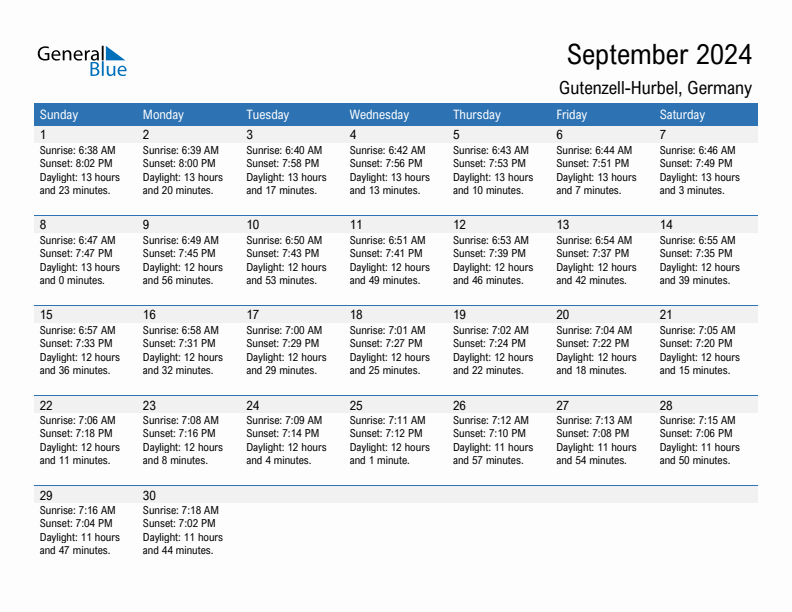 Gutenzell-Hurbel September 2024 sunrise and sunset calendar in PDF, Excel, and Word