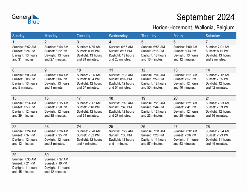 Horion-Hozemont September 2024 sunrise and sunset calendar in PDF, Excel, and Word