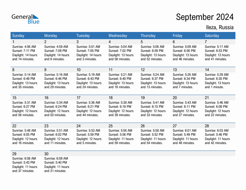 Ileza September 2024 sunrise and sunset calendar in PDF, Excel, and Word
