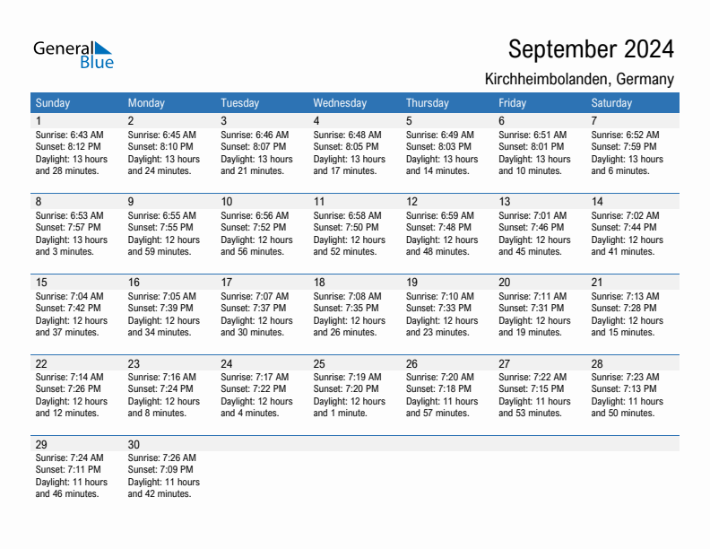 Kirchheimbolanden September 2024 sunrise and sunset calendar in PDF, Excel, and Word