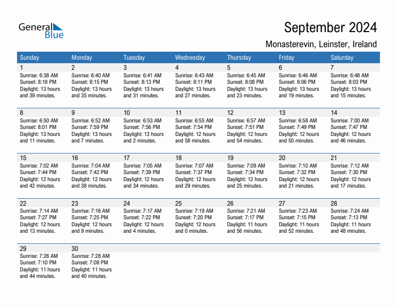 Monasterevin September 2024 sunrise and sunset calendar in PDF, Excel, and Word