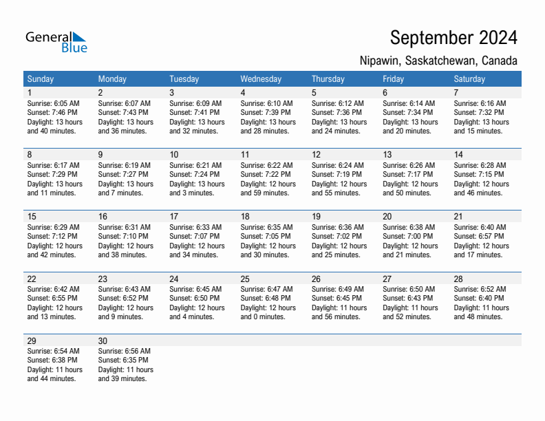 Nipawin September 2024 sunrise and sunset calendar in PDF, Excel, and Word