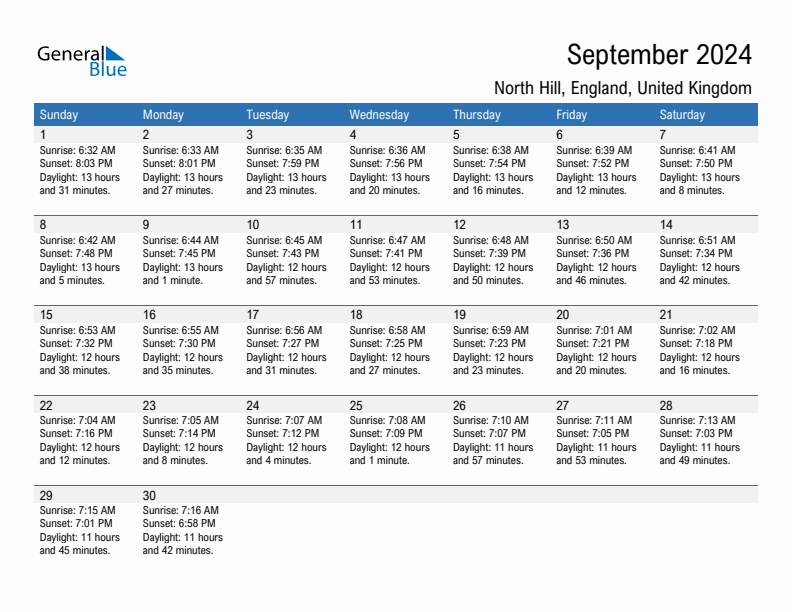 North Hill September 2024 sunrise and sunset calendar in PDF, Excel, and Word