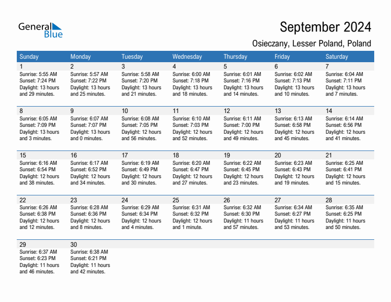 Osieczany September 2024 sunrise and sunset calendar in PDF, Excel, and Word