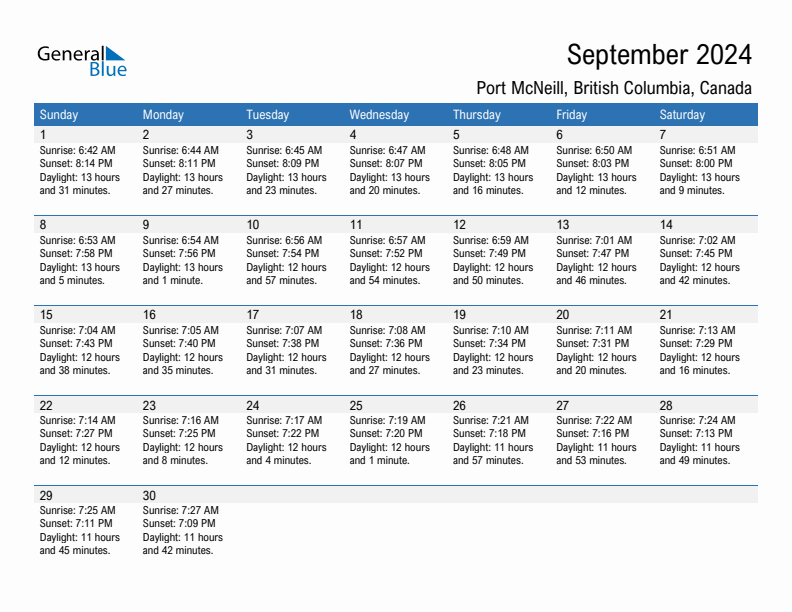 Port McNeill September 2024 sunrise and sunset calendar in PDF, Excel, and Word