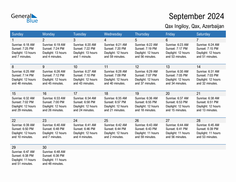 Qax Ingiloy September 2024 sunrise and sunset calendar in PDF, Excel, and Word
