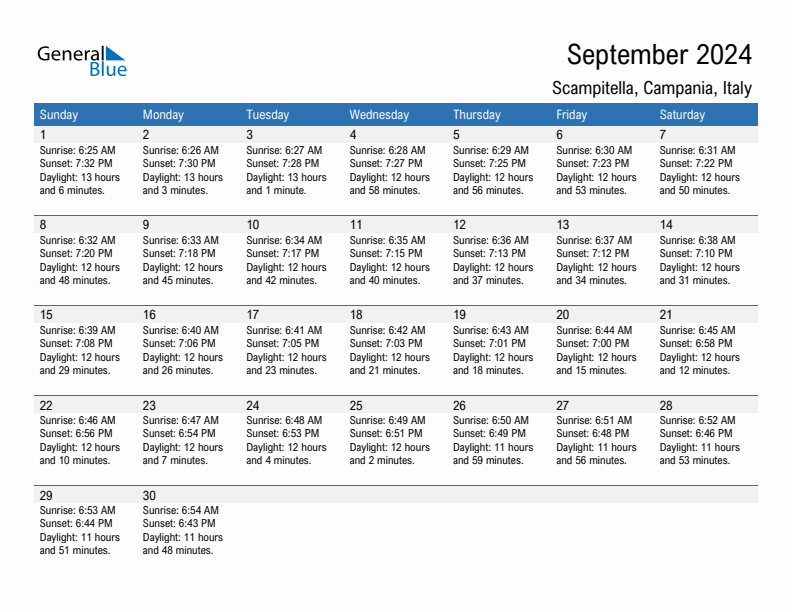 Scampitella September 2024 sunrise and sunset calendar in PDF, Excel, and Word