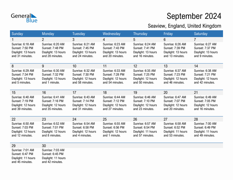 Seaview September 2024 sunrise and sunset calendar in PDF, Excel, and Word