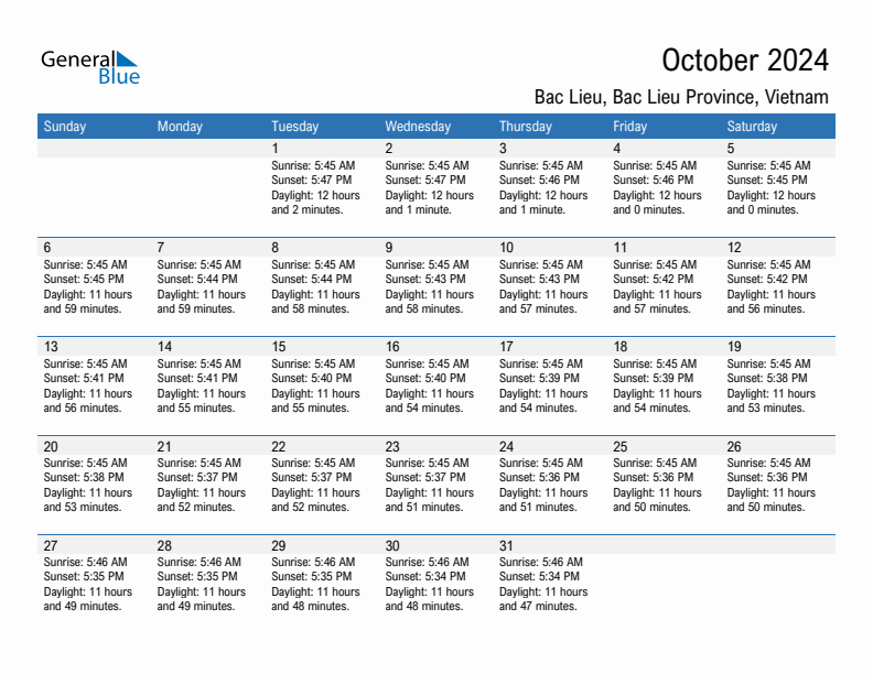 Bac Lieu October 2024 sunrise and sunset calendar in PDF, Excel, and Word