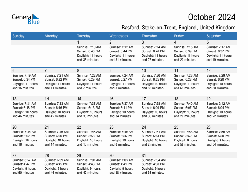 Basford, Stoke-on-Trent October 2024 sunrise and sunset calendar in PDF, Excel, and Word