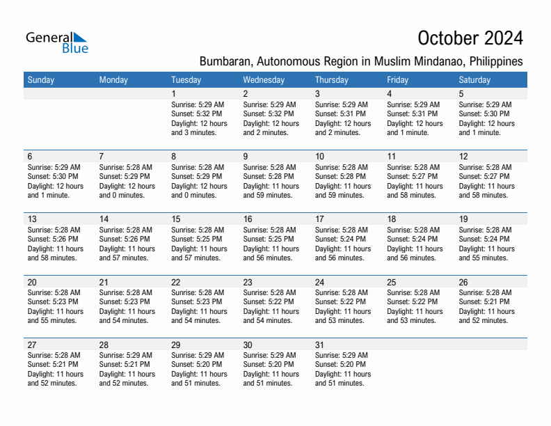 Bumbaran October 2024 sunrise and sunset calendar in PDF, Excel, and Word