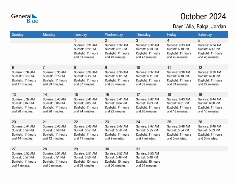 Dayr `Alla October 2024 sunrise and sunset calendar in PDF, Excel, and Word