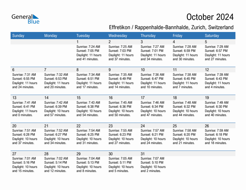Effretikon / Rappenhalde-Bannhalde October 2024 sunrise and sunset calendar in PDF, Excel, and Word