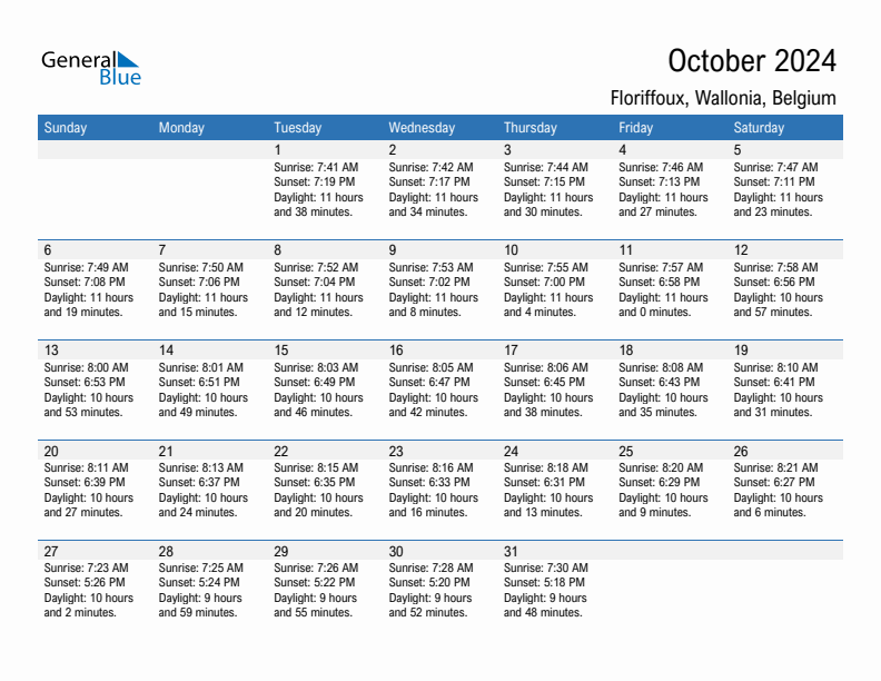 Floriffoux October 2024 sunrise and sunset calendar in PDF, Excel, and Word
